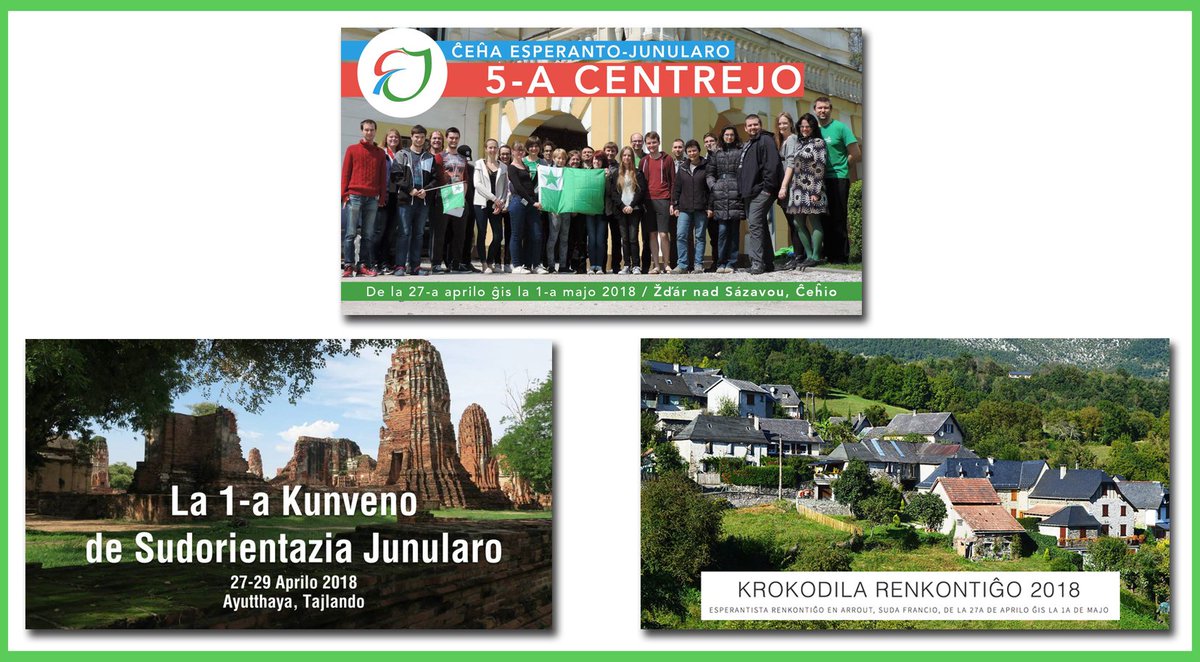 tejoesperanto's tweet photo. La 27-an de aprilo ekos tri esperantaj renkontiĝoj!
La 5-a Centrejo en Ĉeĥio 🇨🇿: https://t.co/SM5FbRQLzb
La 1-a Kunveno de Sudorientazia Junularo en Tajlando 🇹🇭: https://t.co/3iTpKc2l95
La Krokodila Renkontiĝo 2018 en Francio 🇫🇷: https://t.co/cJzcH359fr
#eventoj #esperanto https://t.co/fZMD7jGLea