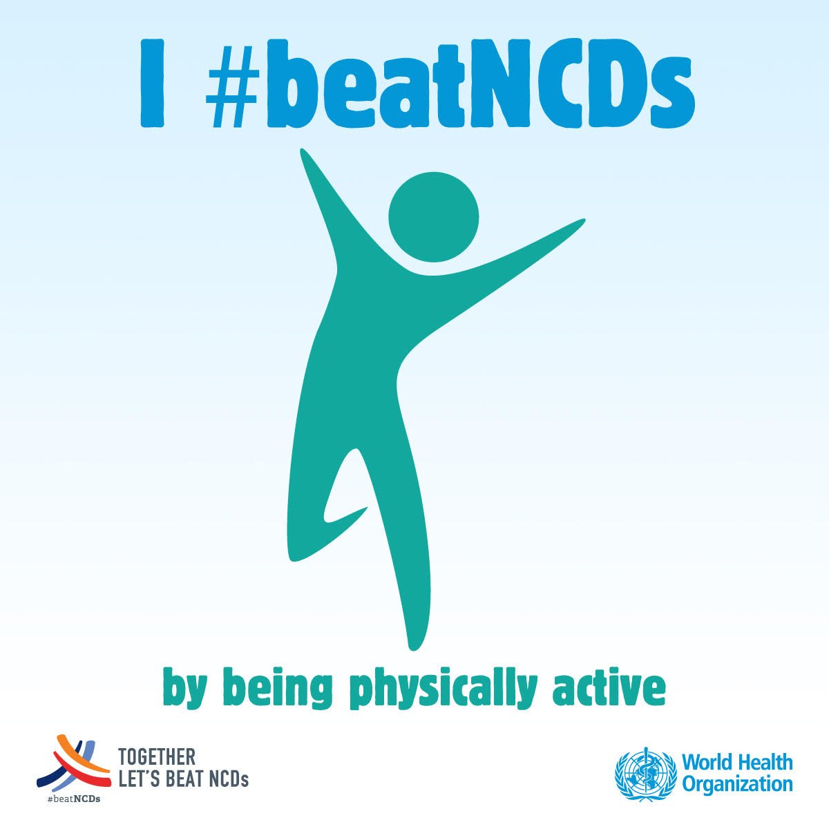 Together let's beat noncommunicable diseases!
You can #BeatNCDs by being physically active 
🤸🏾‍♂️⛹🏼‍♀️🏌🏿‍♀️🚴‍♂️🤽🏻‍♂️🏊🏾‍♂️🏋🏽‍♀️
bit.ly/2wGUfMz