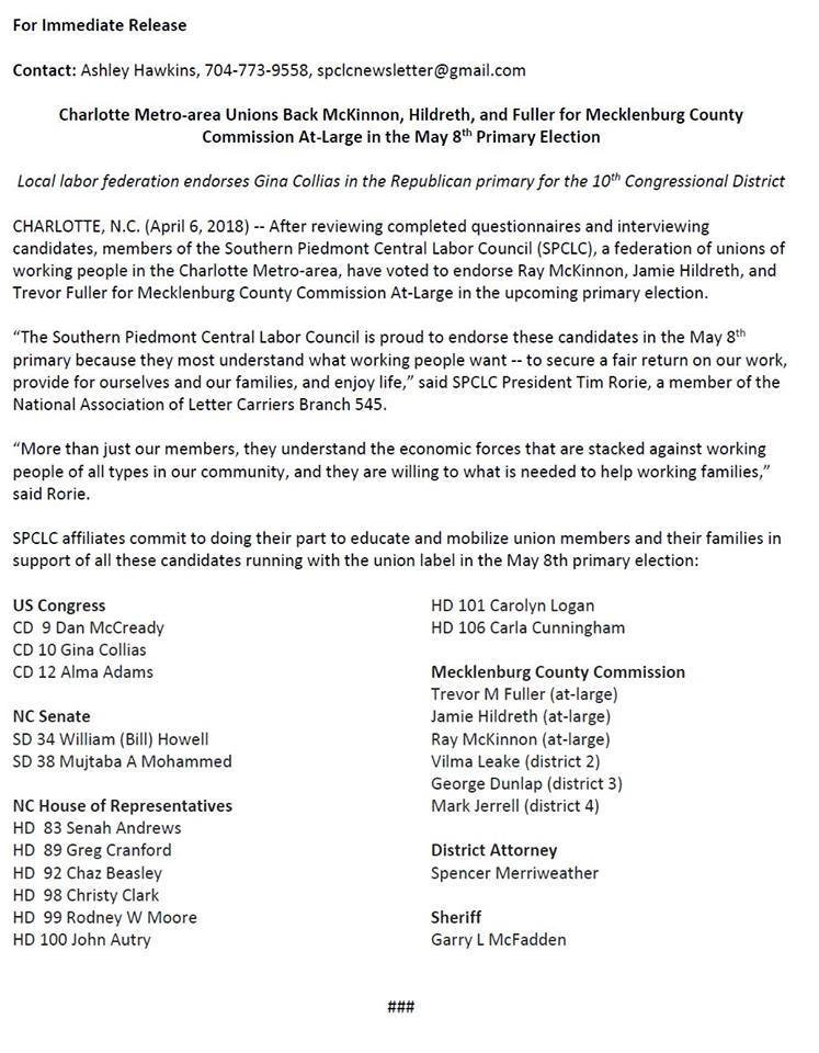 TrevorMFuller's tweet photo. I am honored and humbled to receive the endorsement of the Southern Piedmont Central Labor Council. I stand in solidarity with my brothers and sisters in Labor! https://t.co/BH4A5ovpYA
