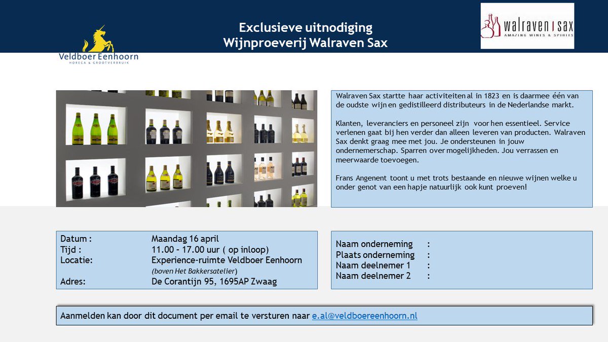 Wijnproeverij op inloop op 16 april bij Veldboer Eenhoorn