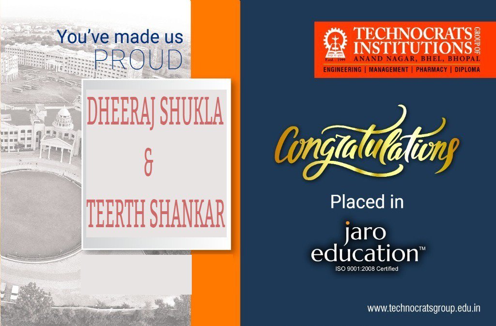 TITGROUP2's tweet photo. *Congratulations**
DHEERAJ SHUKLA &amp; TEERTH SHANKAR. of Technocrats Group of Institutions, Bhopal for selection in Jaro Education through Campus Placements at Technocrats Group of Institutions, Bhopal.
Congratulations for "Your work hard for your success and you truly deserve it" https://t.co/ENqSxHaSsS