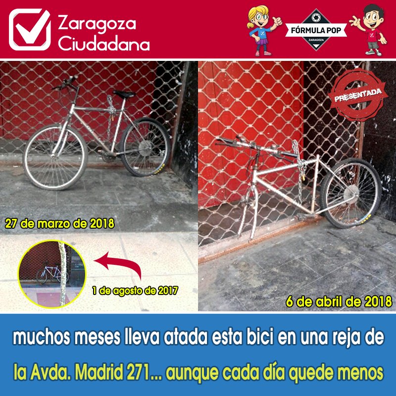 Desde el año pasado, esta bici se encuentra atada en la reja de un local de la Avda. Madrid, a la altura del número 271; aunque, al final, igual no hace falta que sea retirada por el Ayuntamiento, dado que cada día que pasa queda menos de ella... 🤨 #ZCDenuncia #FórmulaPOP