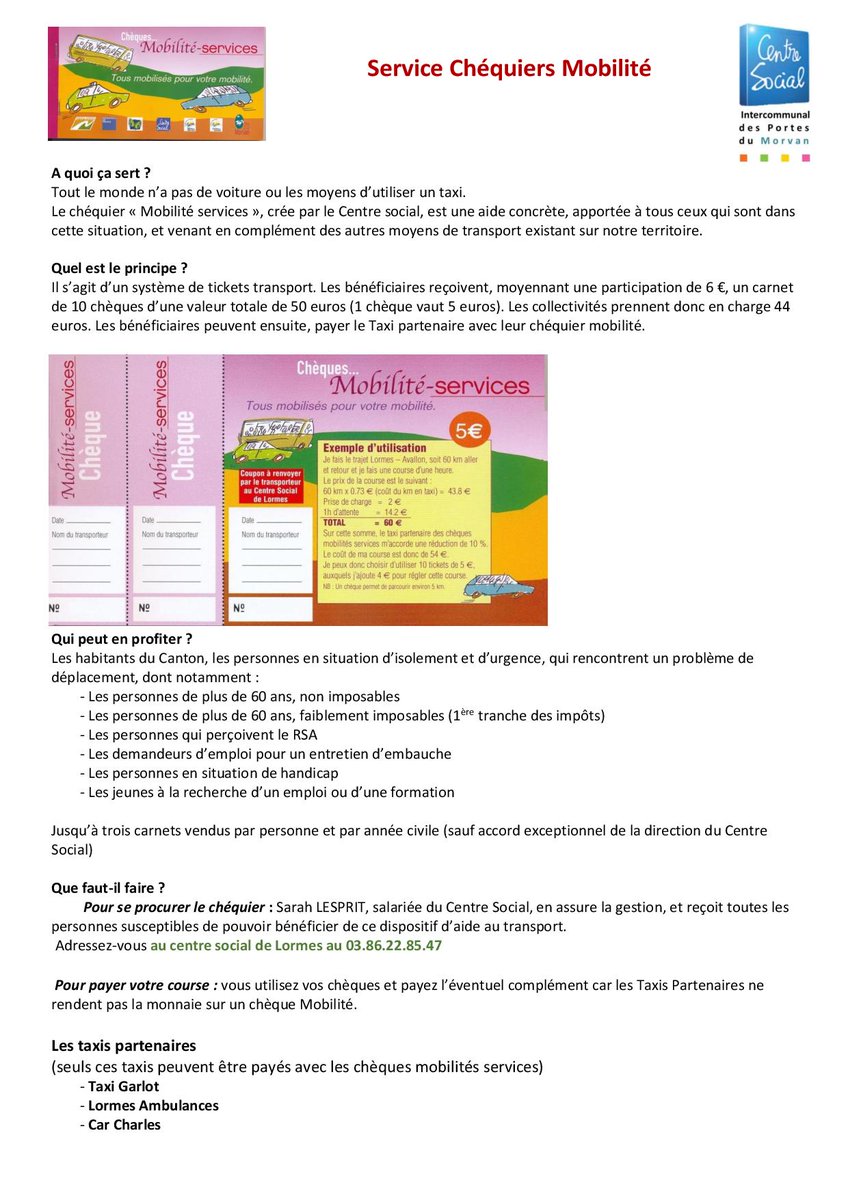 Aide aux déplacements, pensez aux "chéquiers mobilité" <a href="/fabienbazin/">fabien bazin</a> <a href="/algretgeorges/">anne algret-georges</a> <a href="/radiomorvan/">Radiomorvan</a> <a href="/lormes_active/">La commune de Lormes s'active</a>