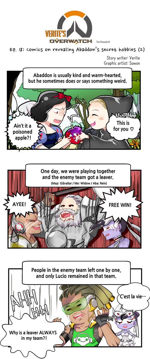 veritedebuisson's tweet photo. Veritewatch Ep. 18: Comics on revealing Abaddon's secret hobbies (2)
Who is the real troll? xD
#Veritewatch @PlayOverwatch @AbaddonOW #Reinhardt #Widowmaker #Snowwhite #Toxic https://t.co/G680n7PJCr
