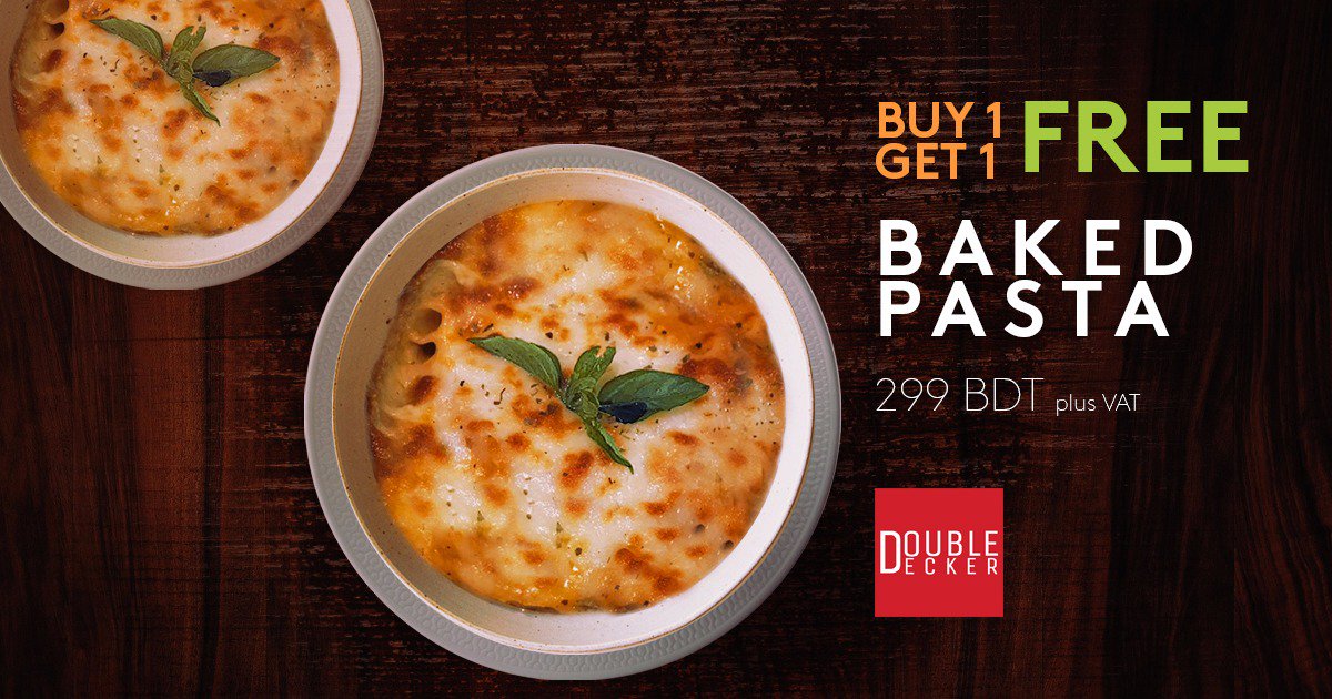 DoubleDecker_BD's tweet photo. Buy 1 Get 1 Free!!
Baked Pasta

Price: BDT 299 + VAT
Offer Validity : 10 - 12 April, 2018

#DoubleDeckerBD #Buy1Get1Free #offer #pastalover #eatthis #delicious #food #foodporn #Foodies #LoveForFood #Dhanmondi #restaurant https://t.co/dIZlLLnvzV