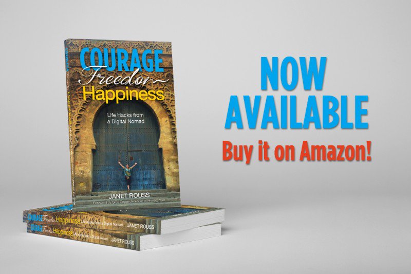 JanetRouss's tweet photo. Please help make this book an Amazon #1 Best Seller - https://t.co/omMuak58F7 #CourageFreedomHappiness - Life Hacks from a Digital Nomad. An epic journey with life lessons you can't live without. https://t.co/eYh57uc1tv