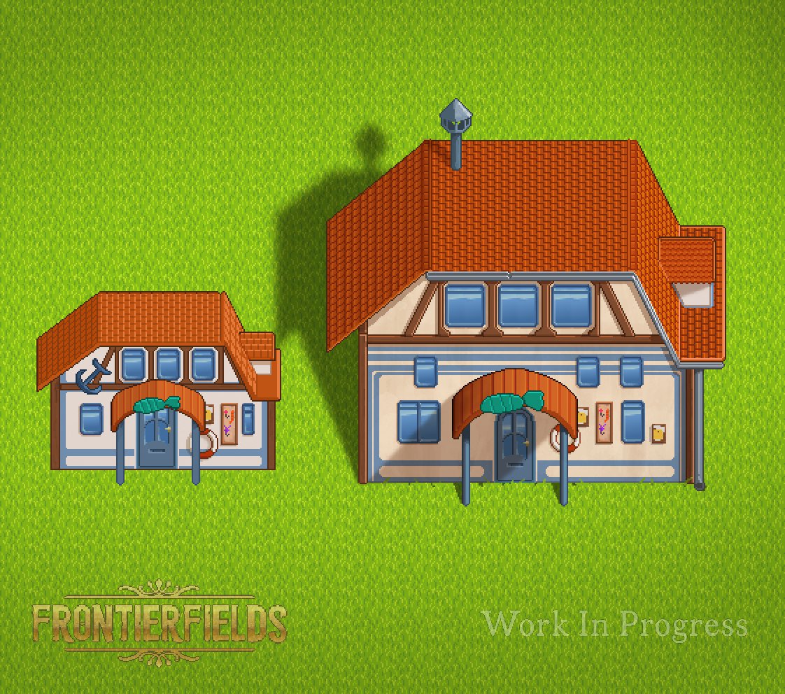 frontier_fields's tweet photo. Updates still in progress. Time for the other building in the harbor. Several improvements and details added. :) Workload is high, but we're keeping up! #MondayMotivation 
#gamedevelopment #indiegames #indiedev #pixelart https://t.co/pRdelMV1T5