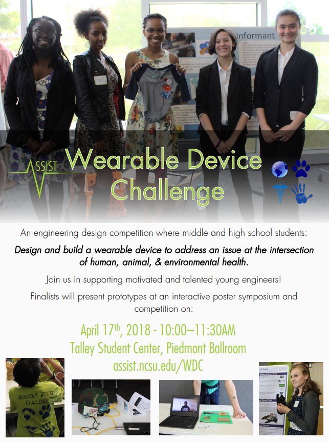ASSISTCenter's tweet photo. Are you guys ready to attend our annual Wearable Device Challenge next week, April 17th, in the Talley Student Center @NCState .  Finalist will present prototypes and a winner will be announced! https://t.co/xy2EyZLu4d https://t.co/q7mOKBbJGS
