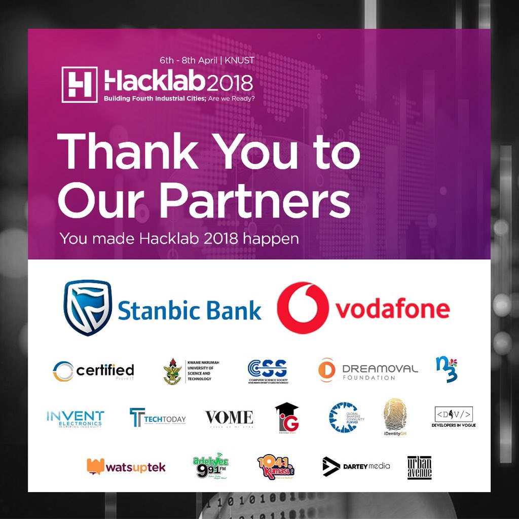 hacklabfdn's tweet photo. On behalf on the Hacklab team we would like to say a big thank you to all our sponsors. A special thank you to our main sponsors @StanbicBankGH and @VodafoneGhana #Hacklab2018 https://t.co/05fMCCVsAs