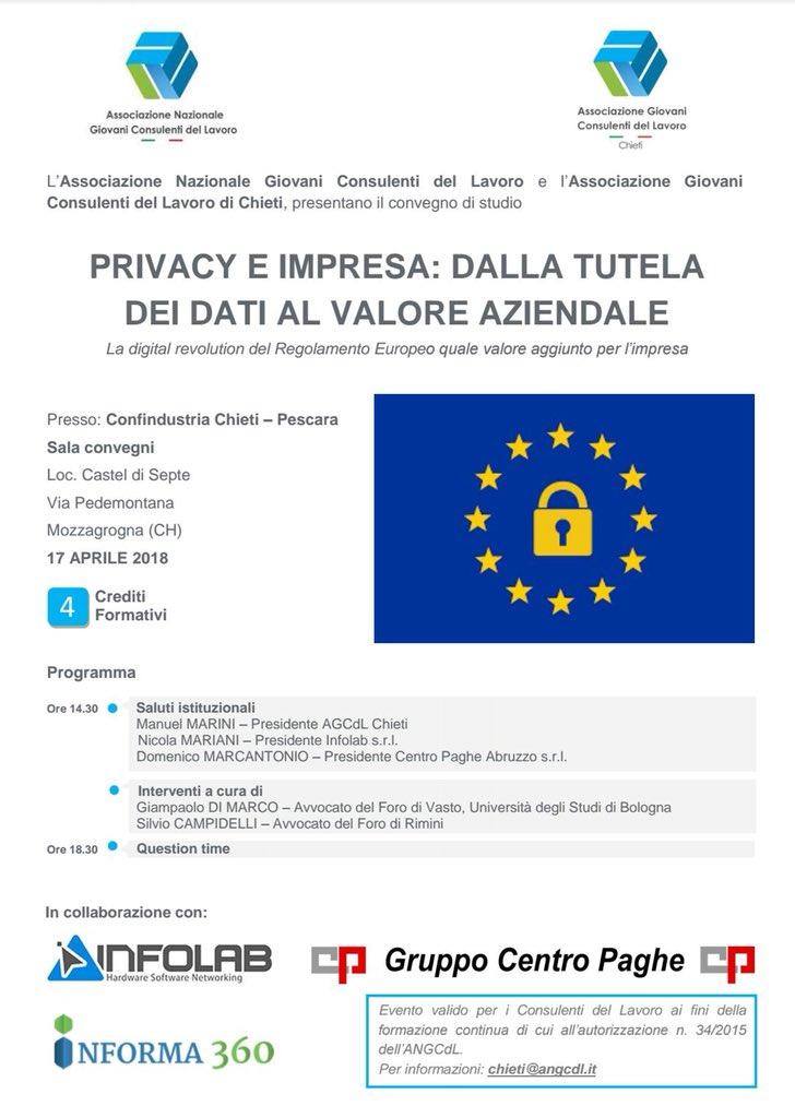 #SAVETHEDATE 17 APRILE 2018 #Mozzagrogna (CH) c/o confindustria chieti/Pescara parleremo di #PRIVACY info e prenotazioni chieti@angcdl.it