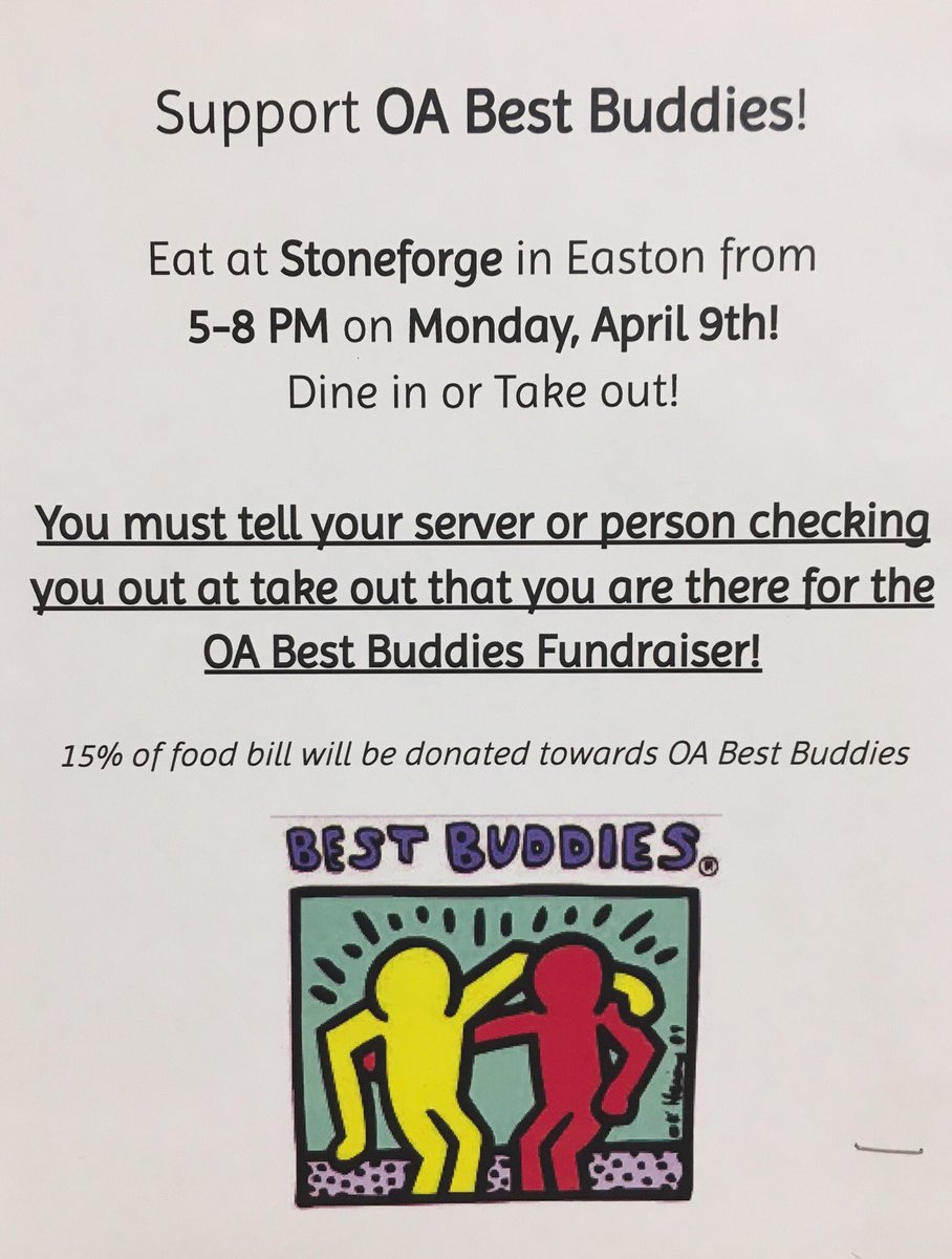 ce_rose15's tweet photo. Head to Stoneforge in Easton tonight to support OA Best Buddies. 5-8- Dine in or take-out. Be sure to tell server you are there for OA Best Buddies! @OAHSTigers @OAHSBB https://t.co/14UUpaCADP