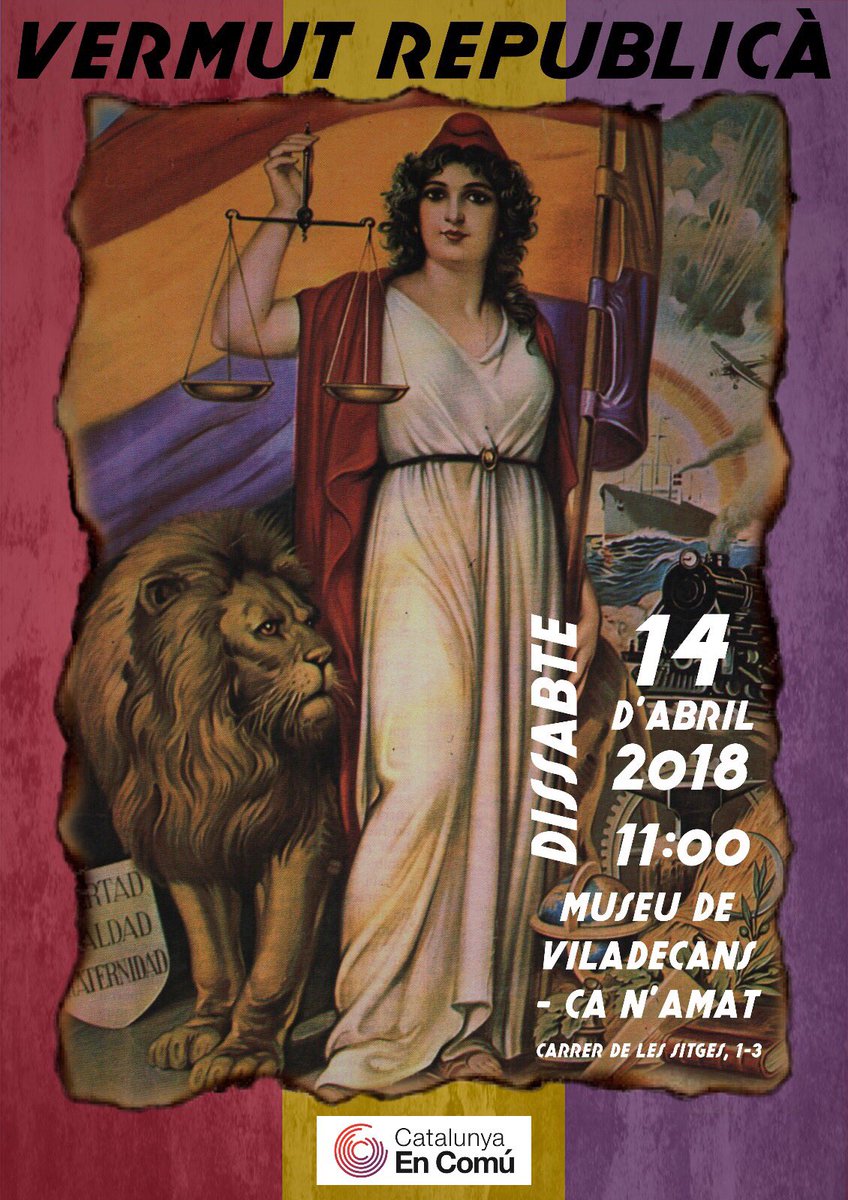 Aquest 14 d'Abril recordem la 2a Republica Espanyola i els seus valors en un vermut molt especial. Volem que hi siguis per compartir un espai de música i poesia per a petits i grans. Ens acompanyaran els amics @Trencat_Closca durant tot el matí
