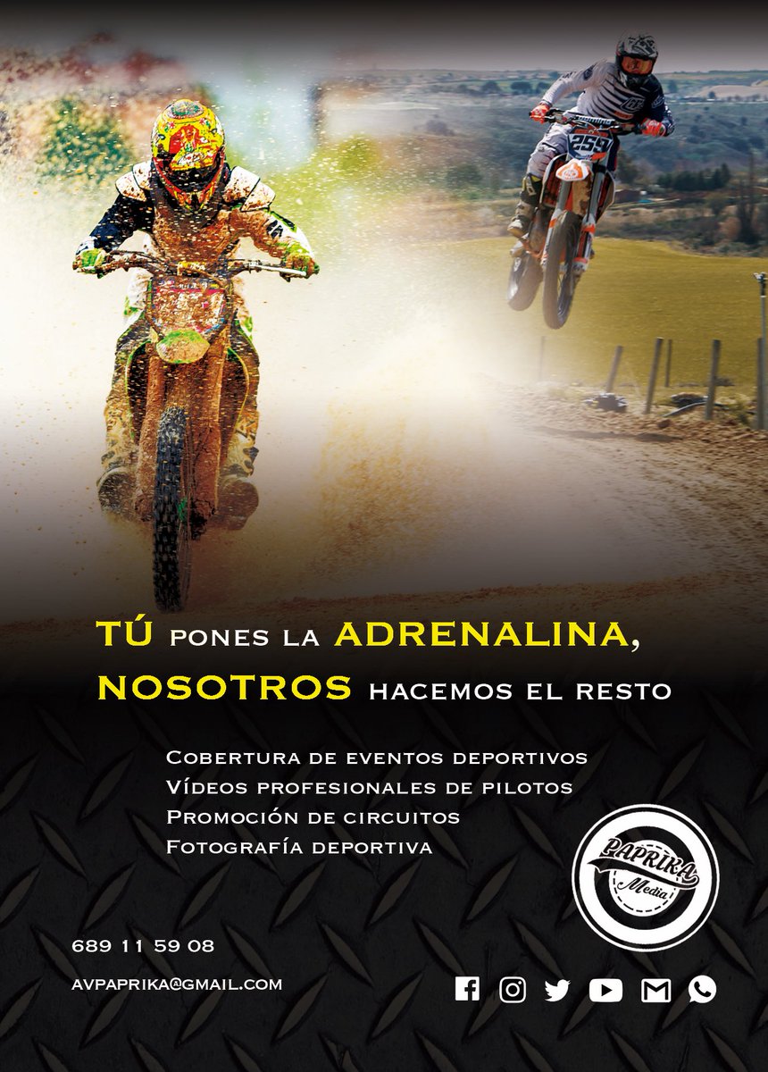 Paprikaprodu's tweet photo. Paprika Media te da la oportunidad de hacerte un vídeo profesional como piloto.
Promociona tu circuito de una forma diferente.
Ponte en contacto con nosotros: avpaprika@gmail.com / 689 11 59 08
#motocross #supercross #supermotard #enduro #mx #mxlife #moto #motocrosslife #fox https://t.co/Z3Ft3DC5y3