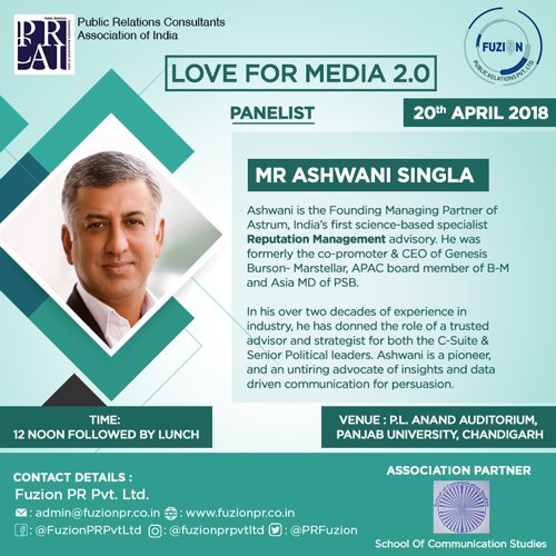 Our next panelist for the event is an Industry veteran with over 2 decades of experience of being a trusted advisor and strategist. Founding Managing Partner of <a href="/AstrumCo/">Astrum</a>, India's first science-based specialist reputation management advisory, Mr <a href="/ashsingla/">Ashwani Singla</a> . 
#PRCAI #FuzionPR