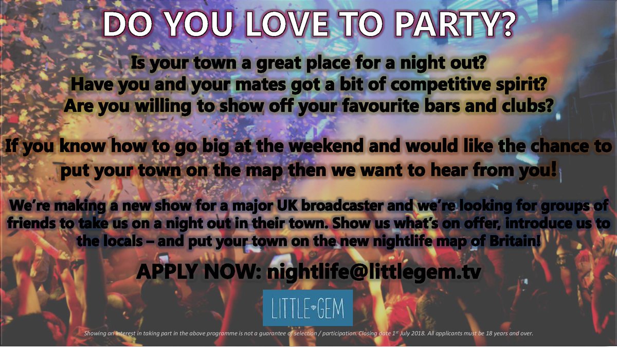 CALLING ALL PARTY ANIMALS!!!
If you know how to go big on Friday and Saturday nights - and would like the chance to show off the pubs, clubs and kebabs available in your town - then we’d like to hear from you for a brand new #E4 show