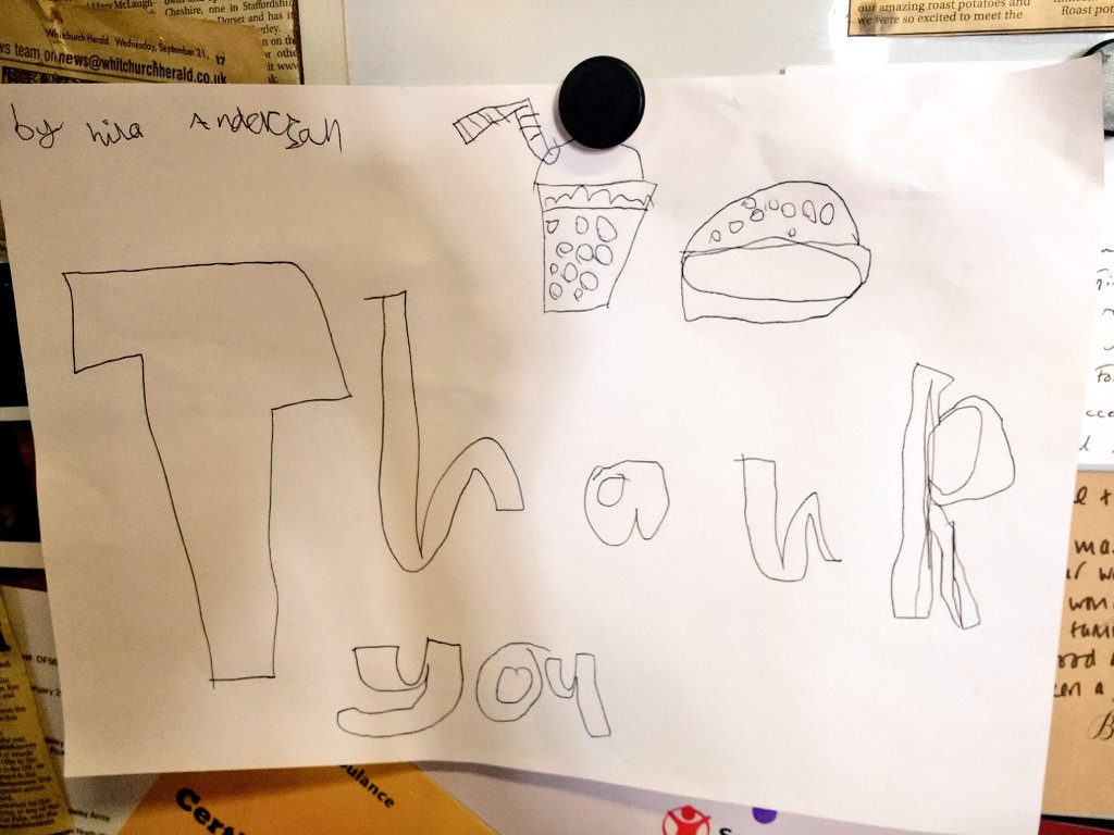 CholmArms's tweet photo. A very thoughtful handwritten #thankyou note, now sits pride of place on our noticeboard 😊
#MondayMotivation #teameffort #thoughtfulnote #childsdrawing https://t.co/Ym7coGgSmf