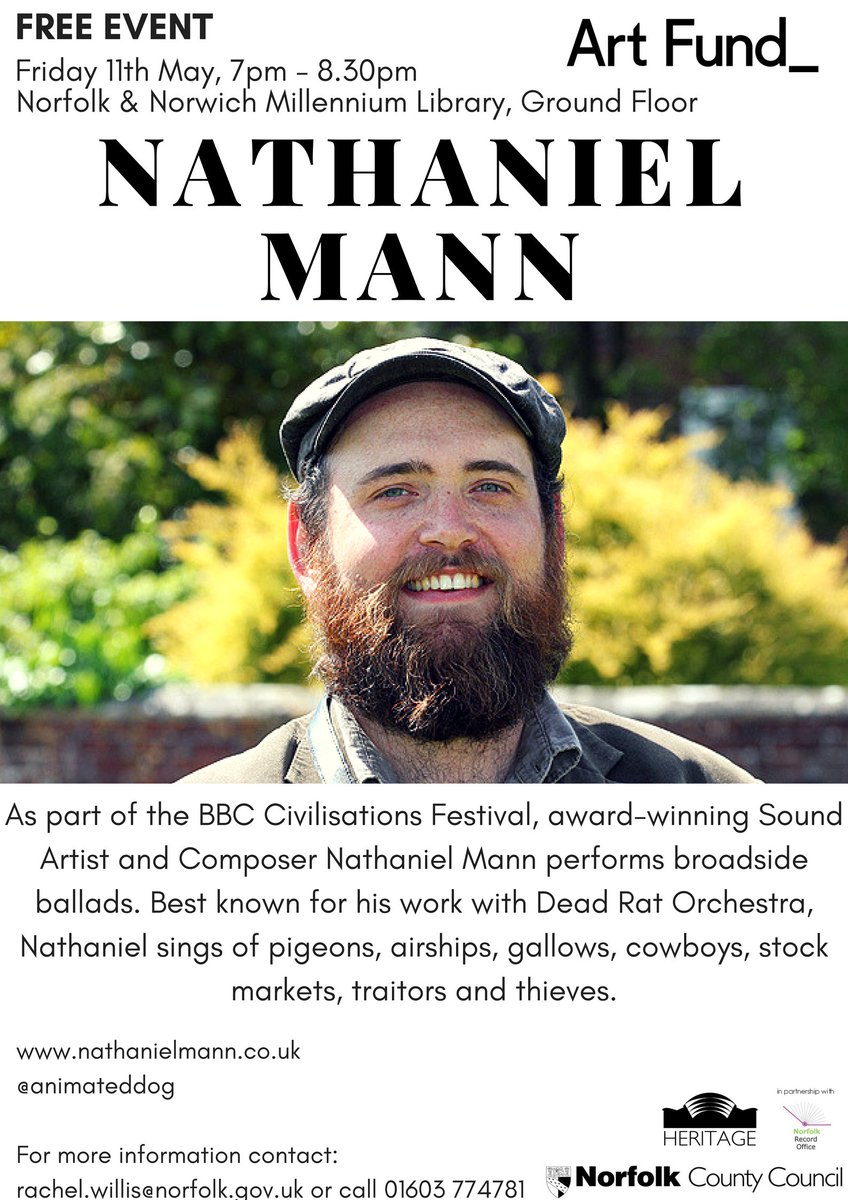 NorfolkHC's tweet photo. FREE EVENT! Experience 19th century #broadsides through song with a performance by Sound Artist & Composer Nathaniel Mann @animateddog. Fri May 11th, doors at 6.45pm - not to be missed. #BBCCivilisations #ArtFund @AntigenRecords https://t.co/wmnbKxKwj8