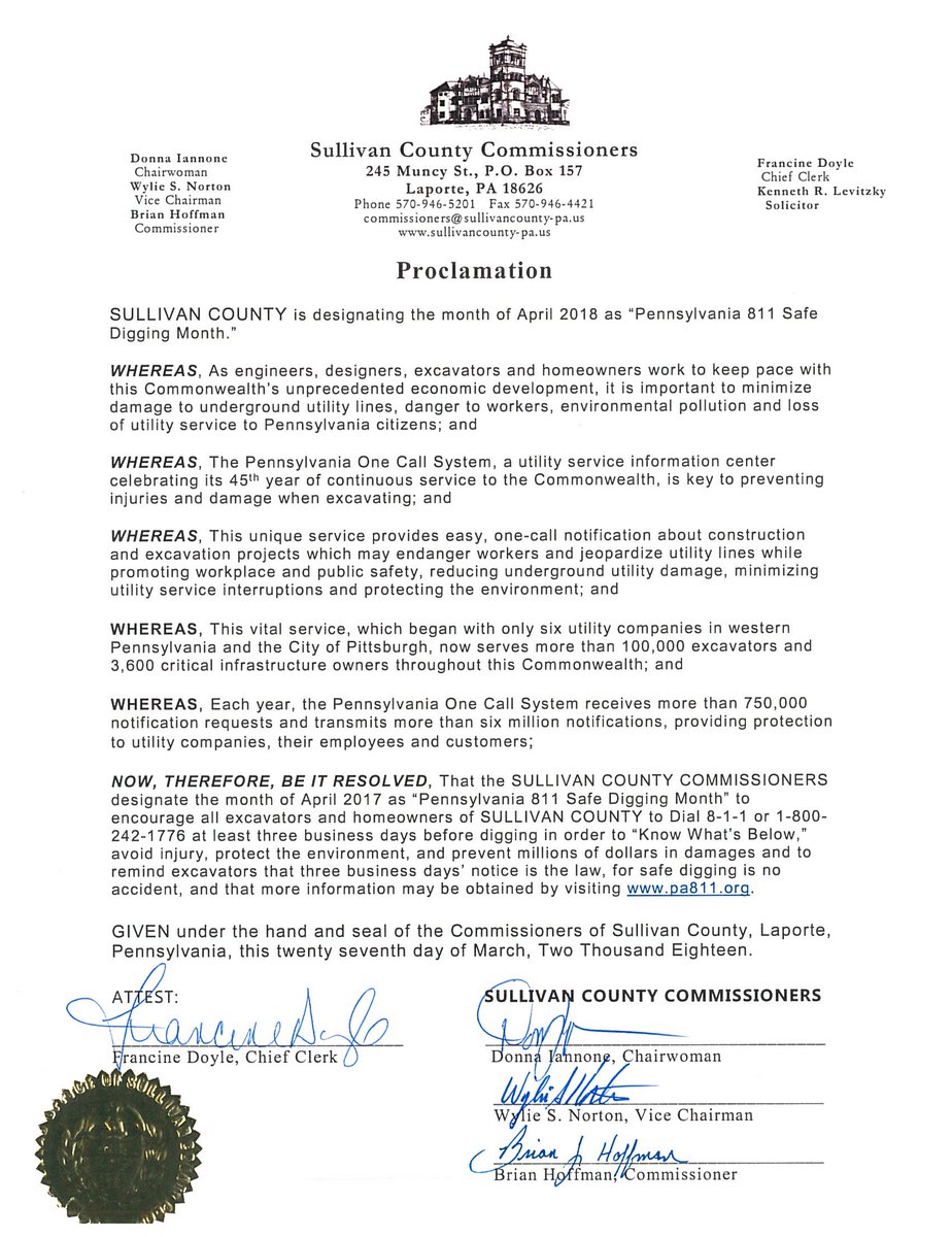 Pennsylvania811's tweet photo. Thank you to Donna Iannone, Brian Hoffman and Wylie Norton for designating April 2018 as "Pennsylvania 811 Safe Digging Month". We appreciate your support. #811PAProclamations #Call811 #NSDM #811Partners https://t.co/aRvdcBc584 https://t.co/9mf1tFBJpR