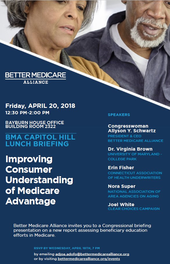 Clear_Choices's tweet photo. In the DC area on 4/20/18? Join our own @JWhite_Health &amp; the team from @BMAlliance for a briefing on improving consumer understanding of #Medicare Advantage.

RSVP here: https://t.co/T8G6k4nKMZ https://t.co/qFRz9ZSwIP