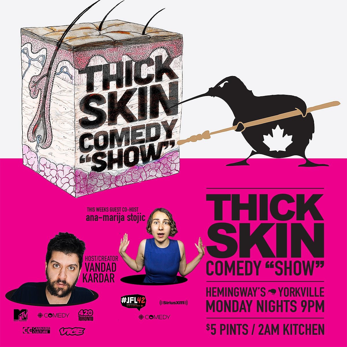 ThickSkinShow's tweet photo. #All the #best comics from #toronto &amp; #beyond are at @HemingwaysTO every monday to do their favourite and often not safe for tv material for the greatest #standupcomedy fans ever! #thickskin #comedy "show" #tonight at 9! This weeks Co-host: @iamstojic join us ! https://t.co/usszKL8M51