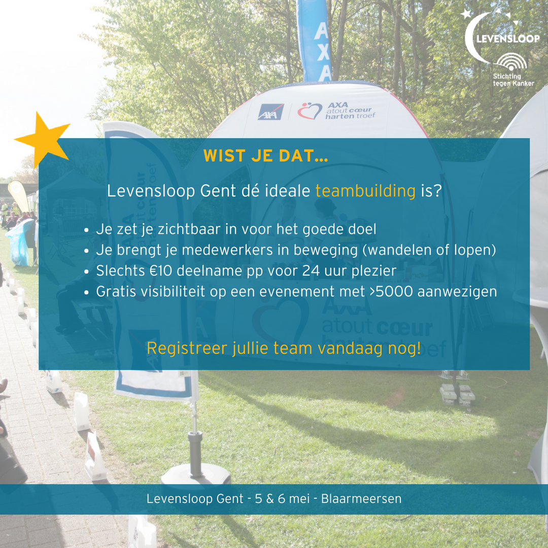 Levensloop9000's tweet photo. Nog op zoek naar een leuke teambuilding? Schrijf je in met uw bedrijf/vereniging voor Levensloop Gent!
https://t.co/WLXlKuSflB https://t.co/E7wzwg9FrL
