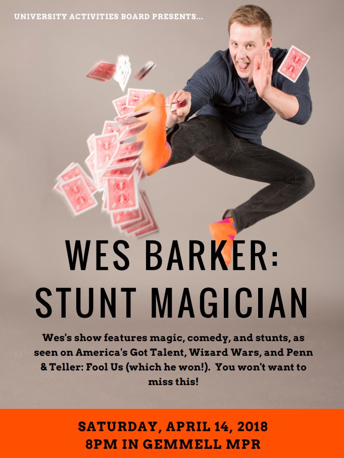 ClarionUAB's tweet photo. THIS SATURDAY! You don't want to miss Wes Barker: Stunt Magician and his action-packed show! https://t.co/WiYm6znHH3