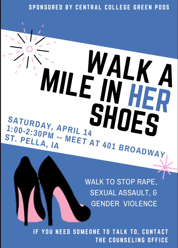 Centralgreenpod's tweet photo. This Saturday YOU can help stop sexual assault and gender violence right here on Central's campus! See you there! #WalkAMileInHerShoes 👠 https://t.co/79UUeD5sTw
