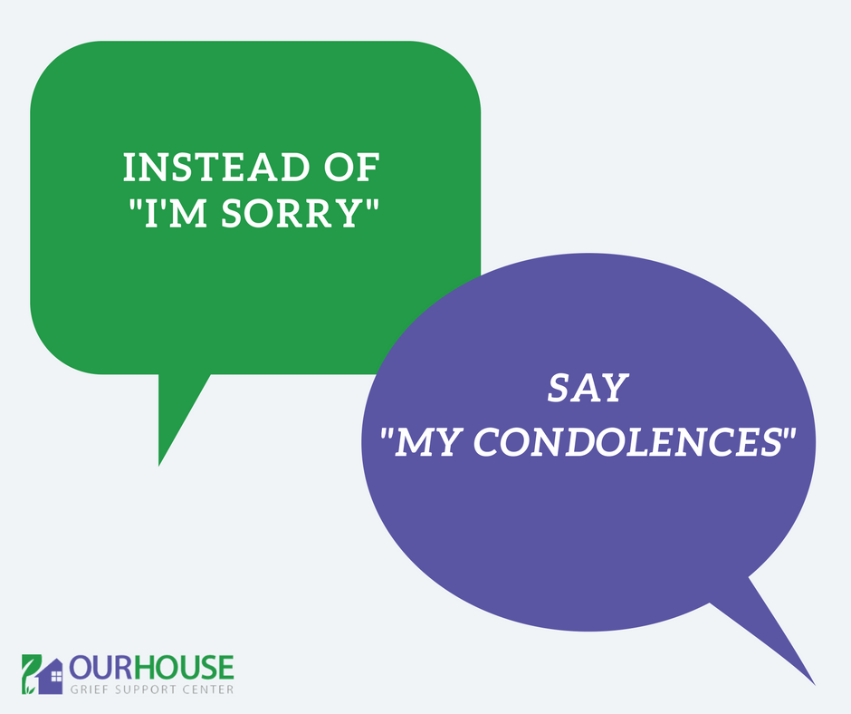 ourhousegrief's tweet photo. If you're not sure what to say to someone who's grieving, try saying ""My condolences"" rather than ""I'm sorry."" It acknowledges the person's experience and allows them the opportunity to talk about the person who died and how they are feeling. https://t.co/TdakRrbPMS