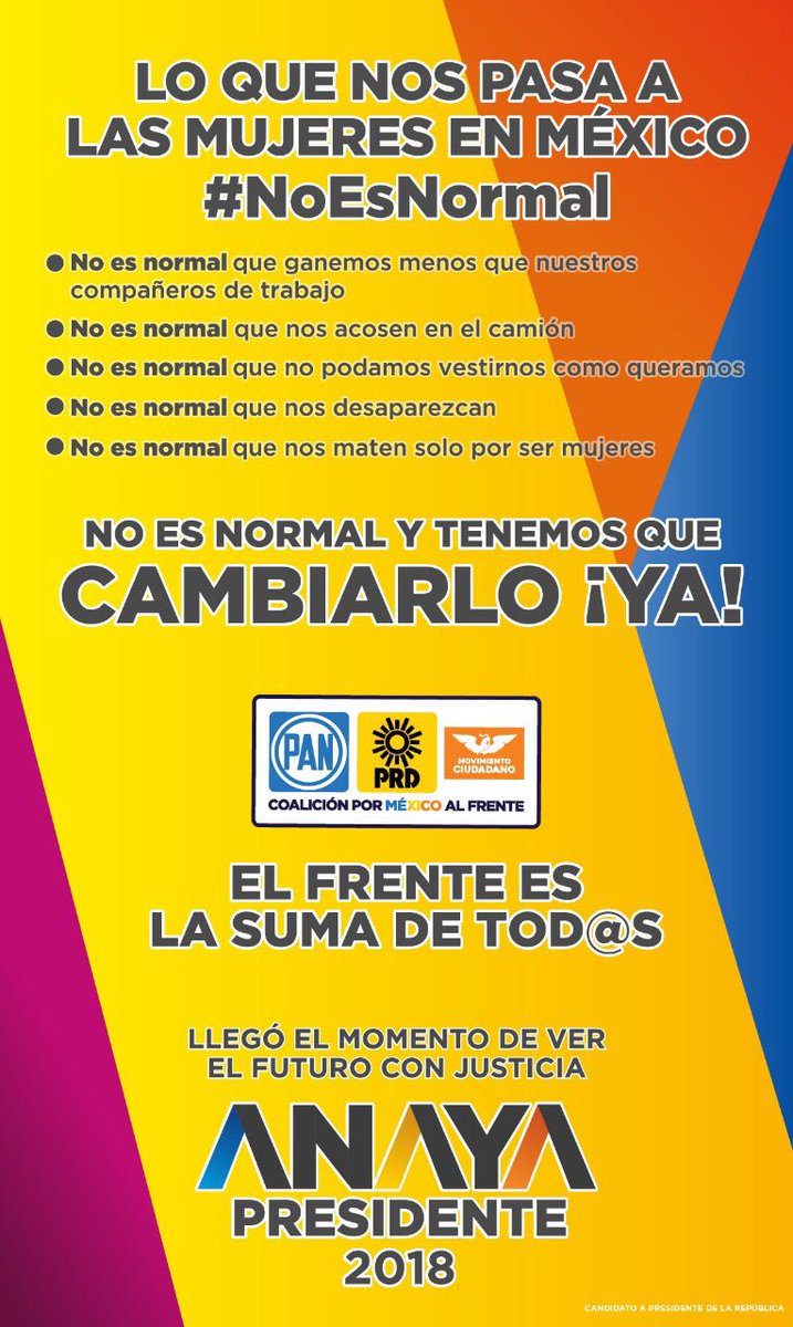 SNIgualdadPRD's tweet photo. Desde la Secretaría Nacional de Igualdad de Géneros del @PRDMexico que preside @RogeliaGLuis acompañamos a @RicardoAnayaC en el lanzamiento de la campaña nacional: #NoEsNormal. #AnayaPresidente va por la igualdad entre Mujeres y Hombres 
#MujeresConAnaya https://t.co/e0ktH9XSjh