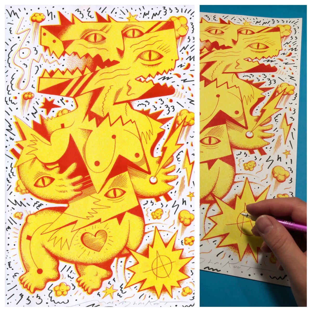 mac_blackout's tweet photo. Print Release! My new “Triclops” #risograph #print is now available in my online shop at https://t.co/qLBdyOa3vn 11x17” two variations + a few hand embellished. Printed in collaboration with my friends at #flatlandspress ! #printrelease #chicagoart #macblackout #streetart #art https://t.co/sbfbTcTCj3