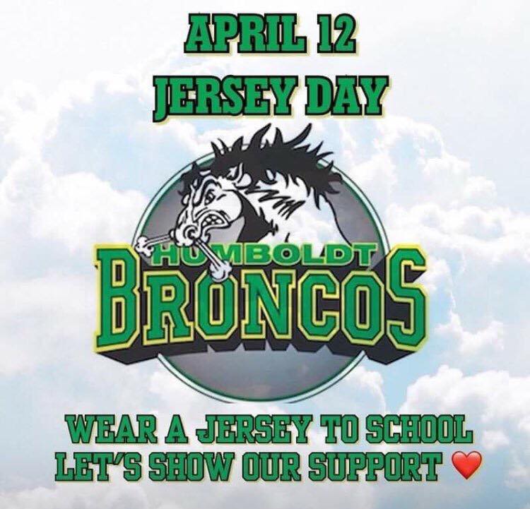 triwrdsb's tweet photo. This Thursday, April 12, we will be wearing jerseys or green to honour the Humboldt Broncos and community. https://t.co/YqHzgo6Equ