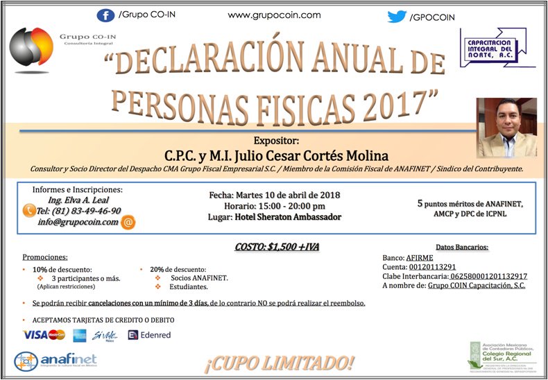 cpjlleal's tweet photo. los esperamos mañana martes 10 de abril @GrupoCOIN presente en la capacitación @ANAFINET_NL @amcpcrs #cptwiter #DECLARACIONANUALDEPERSONASFISICAS2017 https://t.co/LtftEJxcCG