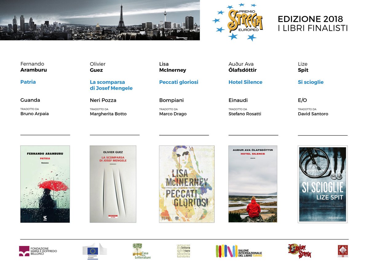 PremioStrega's tweet photo. Ecco i finalisti alla V edizione del #premiostregaeuropeo 
@GuandaEditore @NeriPozza @libribompiani @Einaudieditore @EdizioniEO https://t.co/Z3l9bzhSbN