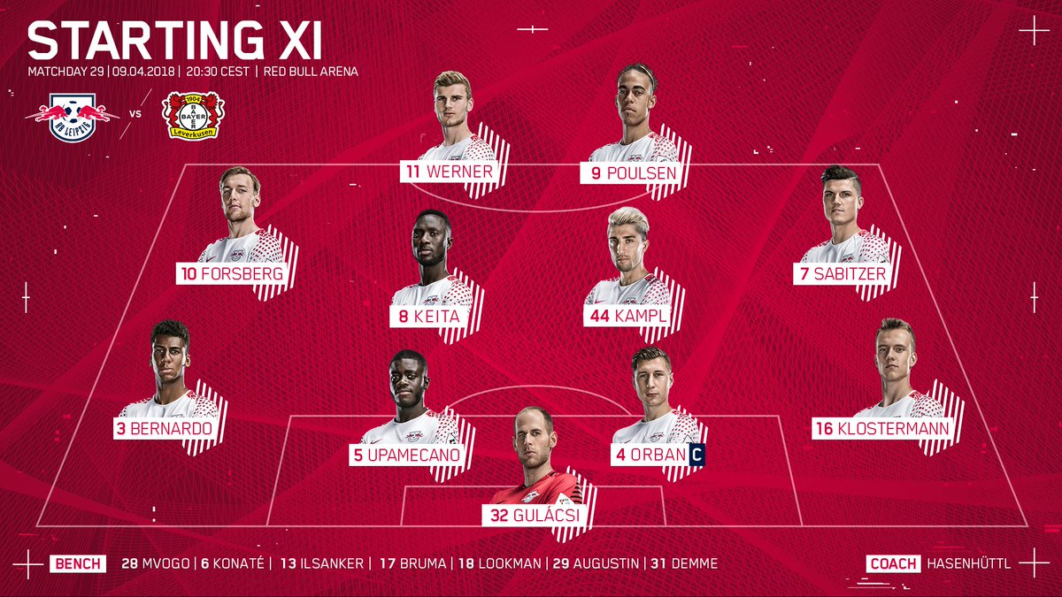 RBLeipzig_EN's tweet photo. In case you've forgotten, there's a game tonight! And here's how we line up against @bayer04_en 👀

🔴⚪ #DieRotenBullen #RBLB04 https://t.co/36U9jQIVAP