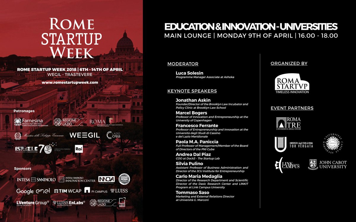Bogers's tweet photo. It is a great pleasure and honor to contribute to the @RomeStartupWeek session on Education and Innovation in Universities. Very interesting and useful to share different perspectives and experiences from different places. #RSW18 https://t.co/agjl1X1OrH