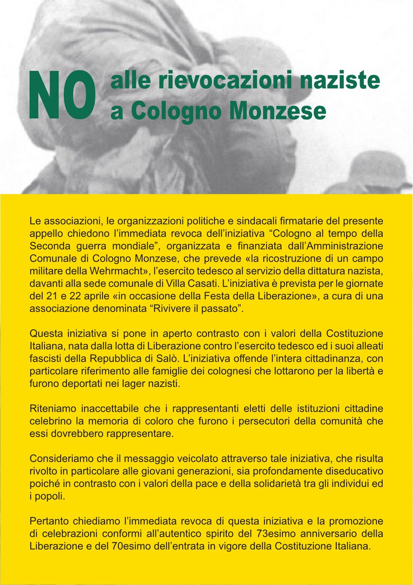 AlicePatrioli's tweet photo. Manifestazione per chiedere la revoca della rievocazione nazista a #cologno. https://t.co/7Z3sP9bsjx