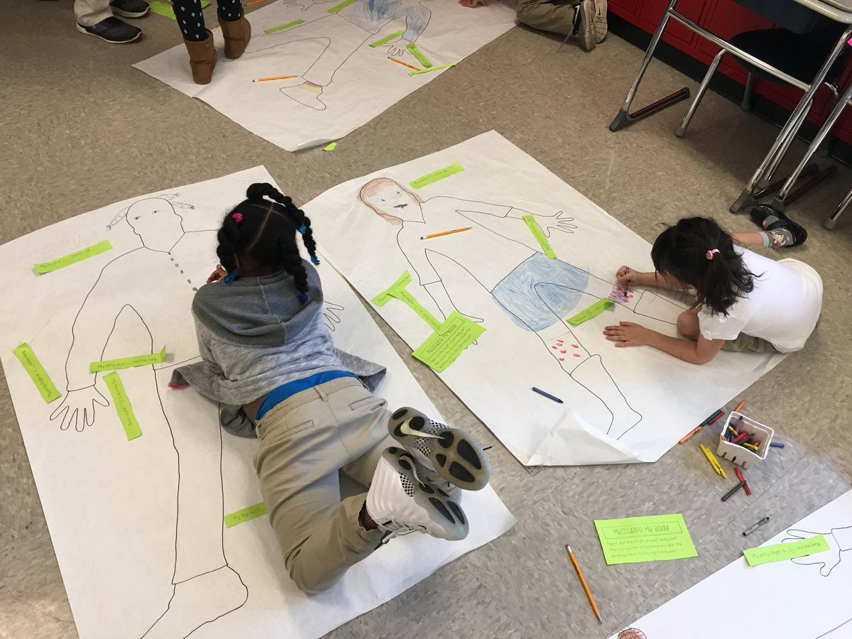 basalticcraver's tweet photo. Before Spring Break we traced the bodies of every 1st grader, now they are measuring their body parts. Next week we'll work on comparing measurements #STEMoutreach #SciEd #ElementarySci #ElementarySTEM https://t.co/JYerL3ZzLx