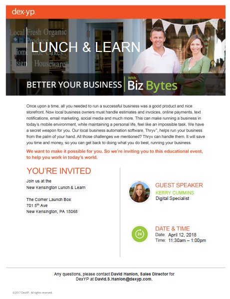 rcrawford912's tweet photo. Learn how your business can #Thryv! Join us Thursday to learn how to improve your business management and grow your customer base all right from your phone! #DexYP #localbusiness #MotivationMonday https://t.co/zHwhyxPh48