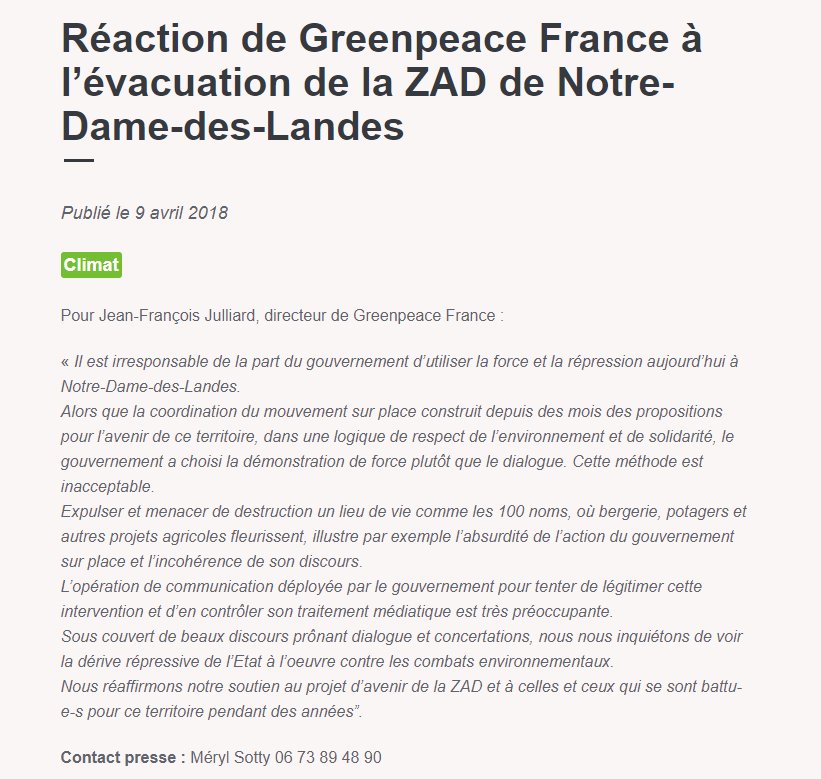 Il est irresponsable de la part du gouvernement d’utiliser la force et la répression aujourd’hui à Notre-Dame-des-Landes.
Notre réactive ▶️ greenpeace.fr/espace-presse/…
#NDDL