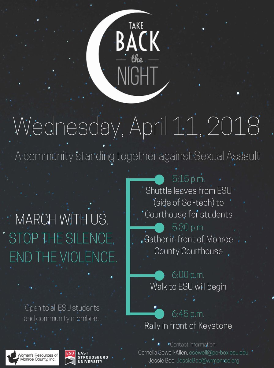 ESUniversity's tweet photo. Take Back The Night: be a part of the community walk again sexual violence on Wednesday, April 11. Gather at Monroe County Courthouse at 5:30 p.m., the walk to ESU will begin at 6 p.m. https://t.co/LYvMgZldGK