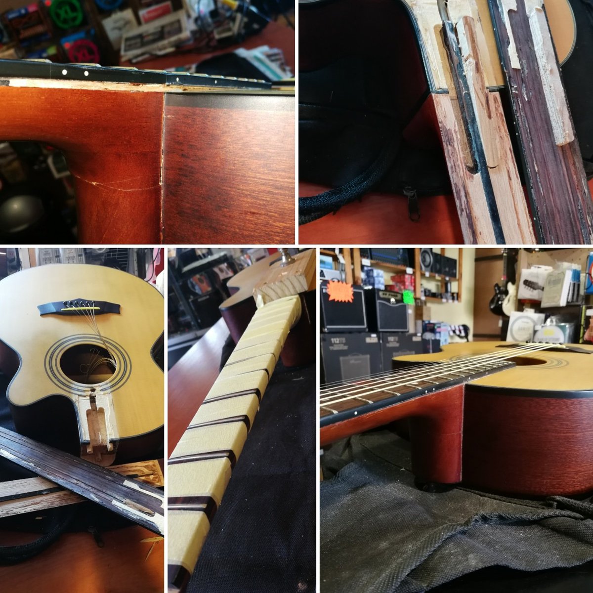 Thundercloud28's tweet image. We got this acoustic guitar in from being damaged by an airline, the fretboard &amp;amp; heel had seperated from the body... Took a few days but it's now 100%... #brokenneck #guitarrepair #repairs #guitar #damaged #brokennomore #seperating #fretboard