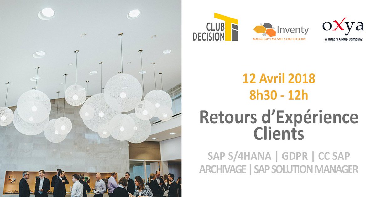 InventyConsult's tweet photo. [#Event] Inventy et @oxya_corp vous invitent au Club Décision TI ce Jeudi 12 Avril à Montréal !

Bénéficiez de Retour d’Expérience Clients sur les Hot Topics #SAP du moment ! #S4HANA #GDPR #CCSAP #Archivage #SolMan !!
   
Pour vous inscrire -> https://t.co/BJ4Zpv65Xt https://t.co/N7Oj2hQGin