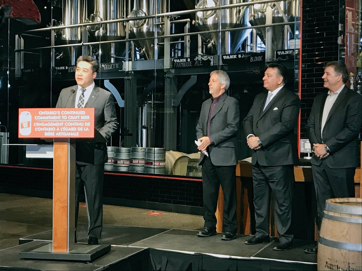 handongontario's tweet photo. We’re live at @amsterdambeer #Waterfront location this morning and I’m thrilled to introduce Finance Minister @SousaCharles for an exciting announcement regarding #craftbrewers in #ontario @OntCraftBrewers #Trinspa #Spafy #Toronto https://t.co/9Occscp2QC