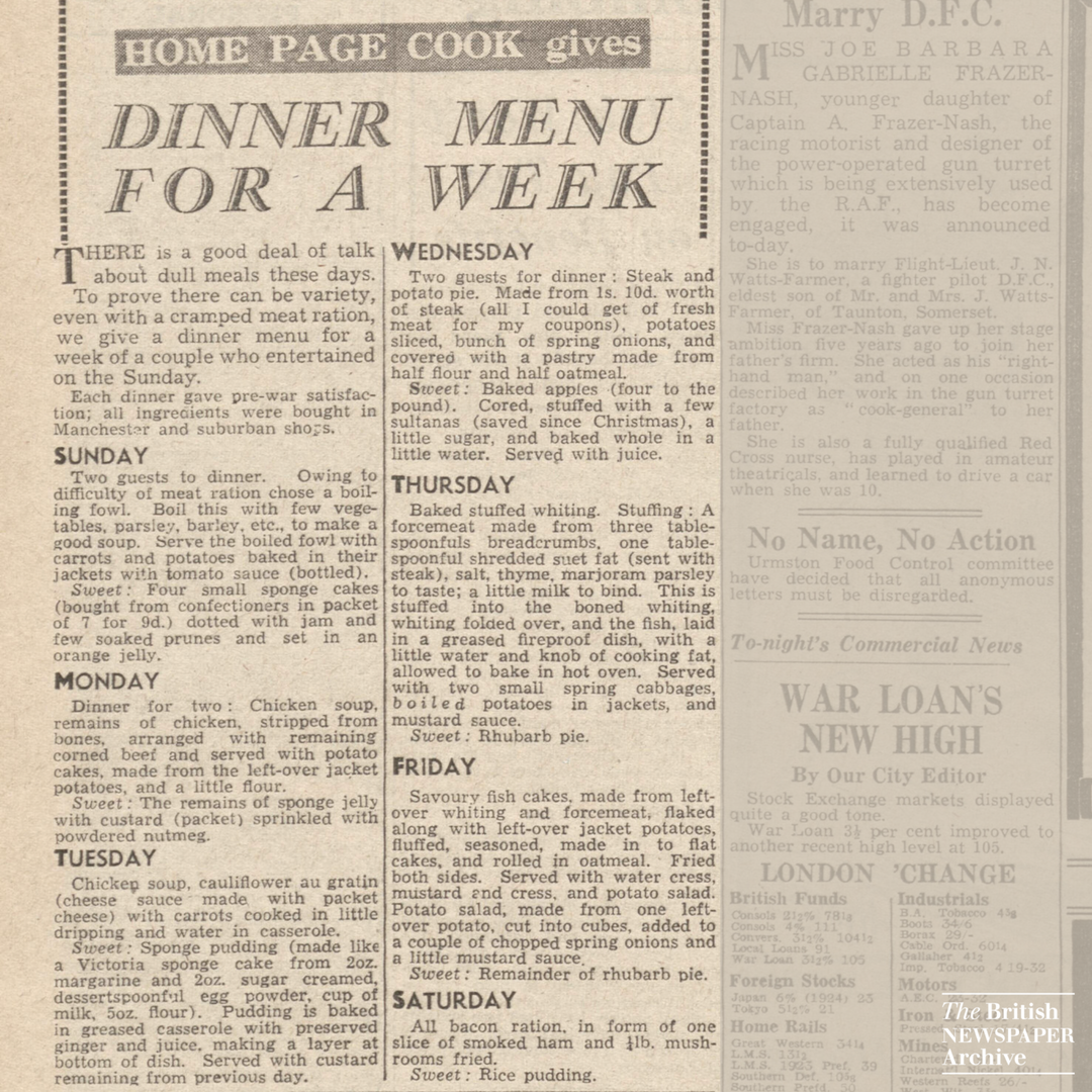 BNArchive's tweet photo. Exciting to see #AwfullyBritishMenu trending--historic newspapers are a fabulous place to find some wonderfully British recipes and menus! Below are suggested dinner menus from 1941 and 1906 respectively. Find more vintage recipes here: https://t.co/cK0K1opkzM https://t.co/eGypW8qlwW