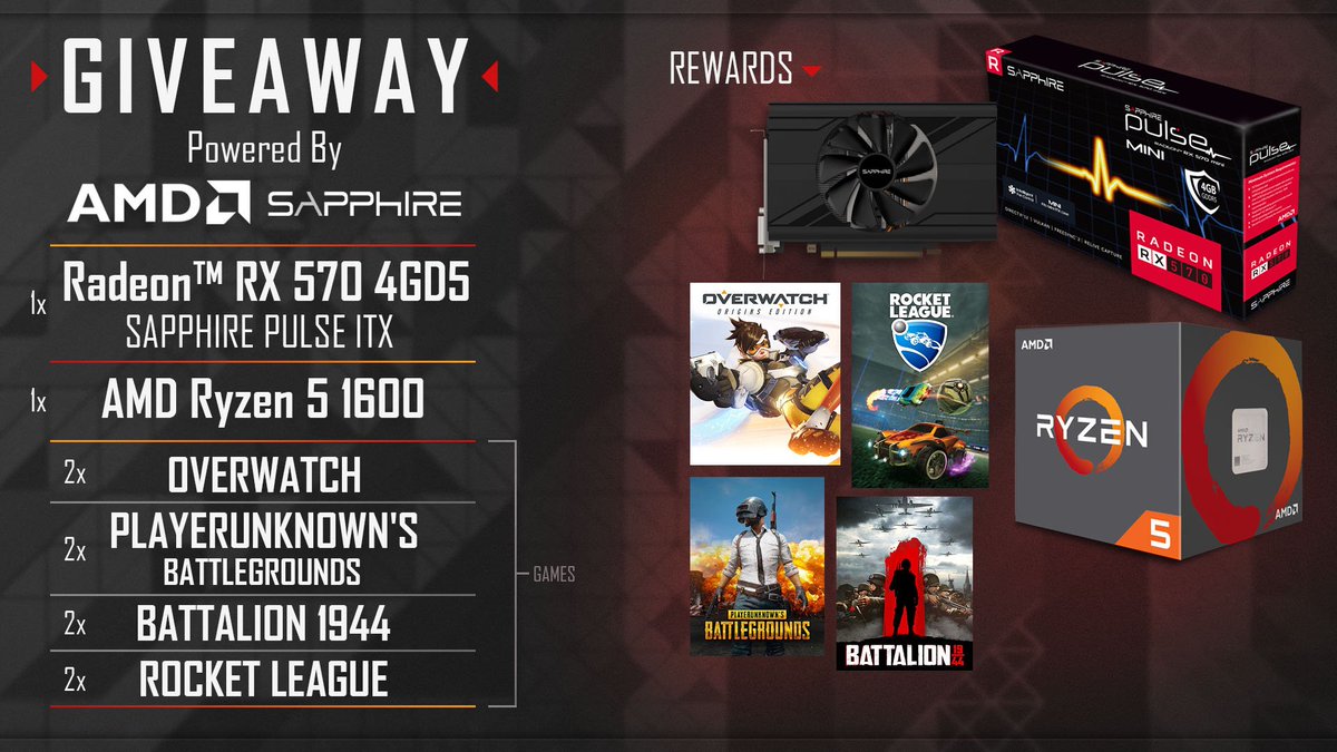 Gamersbook's tweet image. Time for #giveaway

In cooperation with @AMDGaming, we’re giving the following;

1X SAPPHIRE PULSE ITX Radeon™ RX 570 4GD5
1X Ryzen 5 1600 CPU
2X Overwatch 
2X PUBG  
2X Battalion 
2X Rocket League 

Click on the link for more -  bit.ly/2GICmqa

Winners on 21st of May!