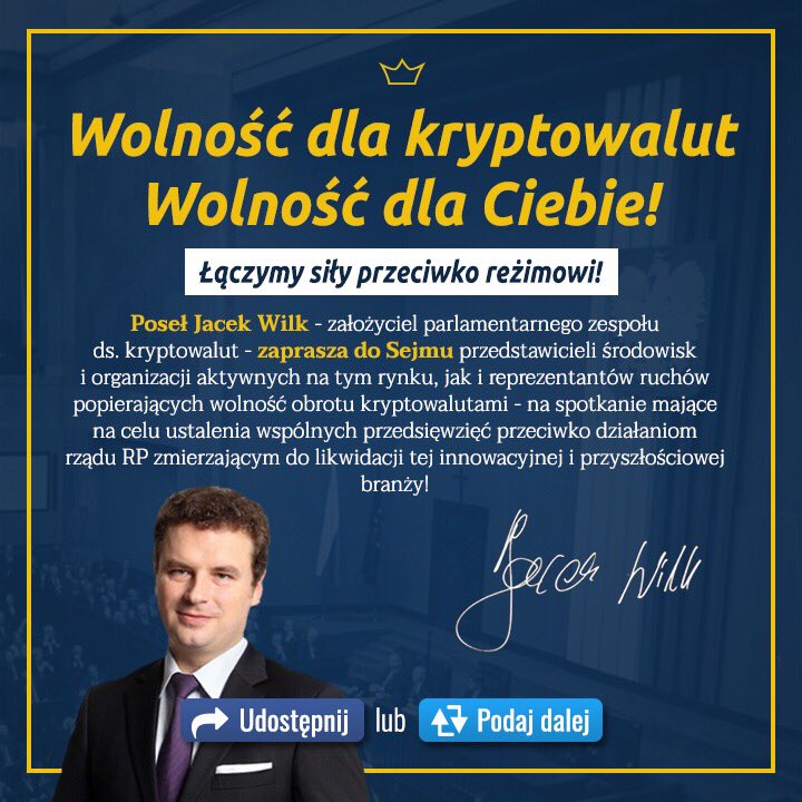 JacekWilkPL's tweet photo. UWAGA-RUSZAMY!
Zapraszam przedstawicieli organizacji i środowisk czynnych na rynkach kryptowalut na spotkanie organizacyjne w Sejmie RP:
Termin - najbliższy czwartek o godz. 10.30; w sali nr 13, budynek G
O 11.30 odbędzie się specjalna konferencja prasowa z uczestnikami spotkania https://t.co/TEnxO4w4g1