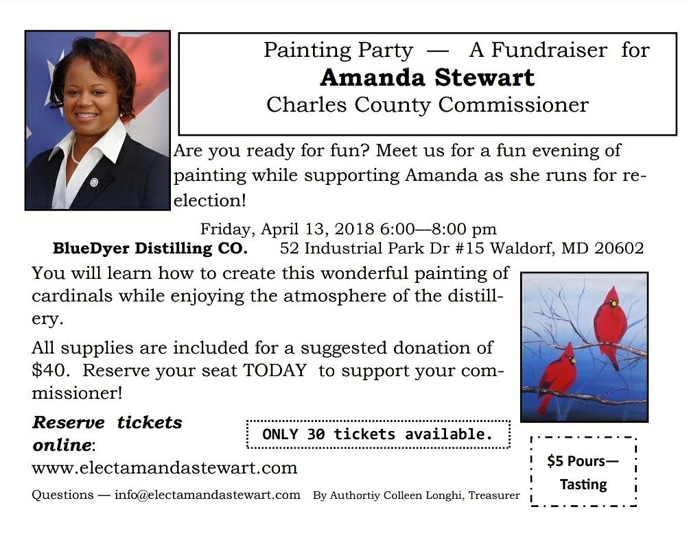 vmarckel's tweet photo. Come join us Friday April 13th at BlueDyer Distilling CO. at 6 pm for a fun sip and paint party to support Amanda Stewart as she run for re-election as Count Commissioner. RSVP at https://t.co/uCbZn93CmG . Hope to see you there! https://t.co/si0KKzCQtO