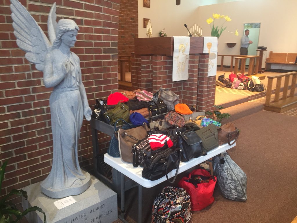 ProfNichols's tweet photo. The Women’s Group at St. John Lutheran Church in Bellefonte conducted “40 purses 40 days of Lent” drive after learning of the need for activism when one member attended @TheTurnOutFilm. The purses will be used by Barbara Freeman in efforts to help survivors of sex trafficking. https://t.co/uhhMGERkXo