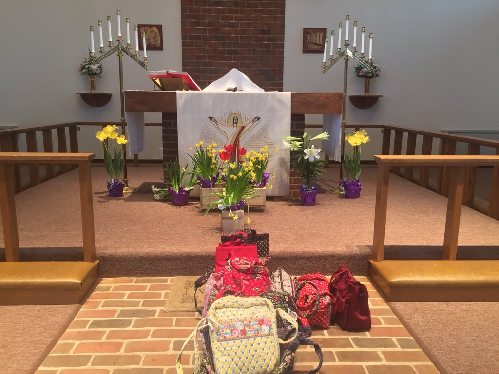 ProfNichols's tweet photo. The Women’s Group at St. John Lutheran Church in Bellefonte conducted “40 purses 40 days of Lent” drive after learning of the need for activism when one member attended @TheTurnOutFilm. The purses will be used by Barbara Freeman in efforts to help survivors of sex trafficking. https://t.co/uhhMGERkXo