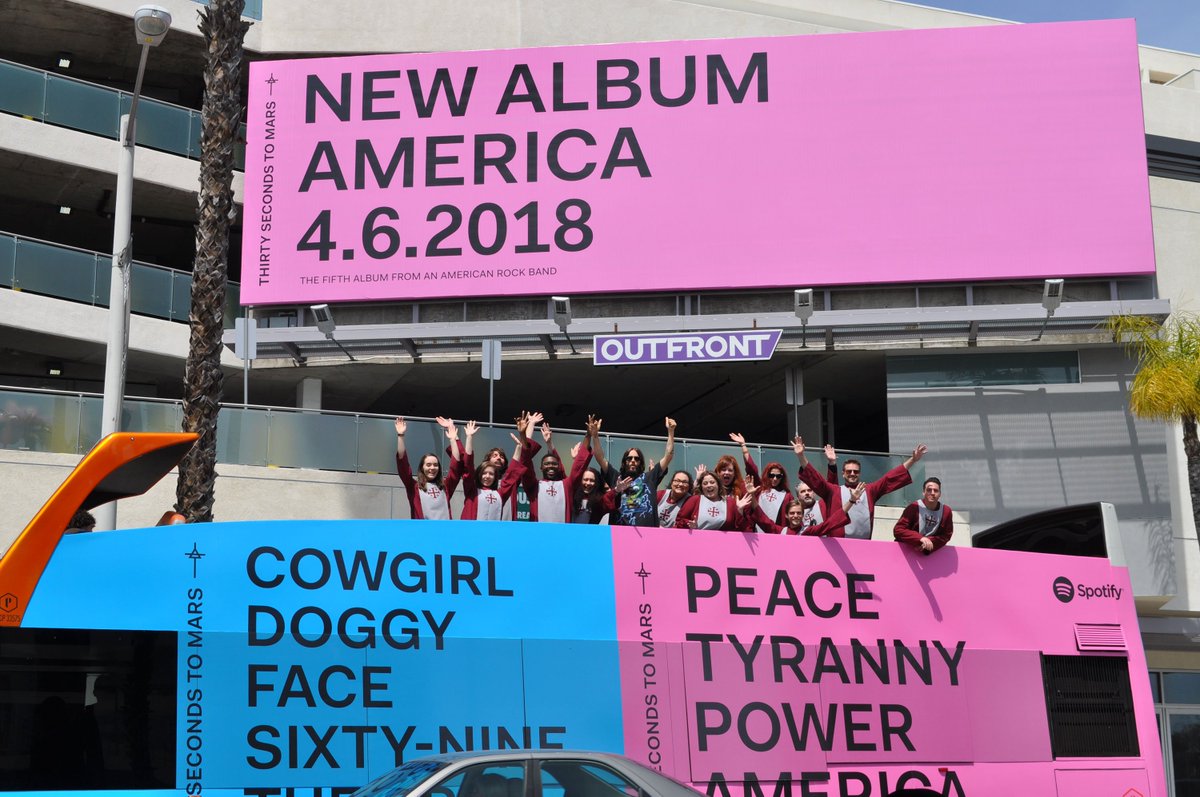 nudd's tweet photo. Jared Leto's band @30SECONDSTOMARS just made a huge OOH buy for their new album America. Planning and buying by MilkMoney. https://t.co/7Y576qV7eZ